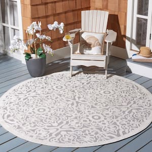 Cabana Ivory/Gray 4 ft. x 4 ft. Border Medallion Indoor/Outdoor Patio  Round Area Rug