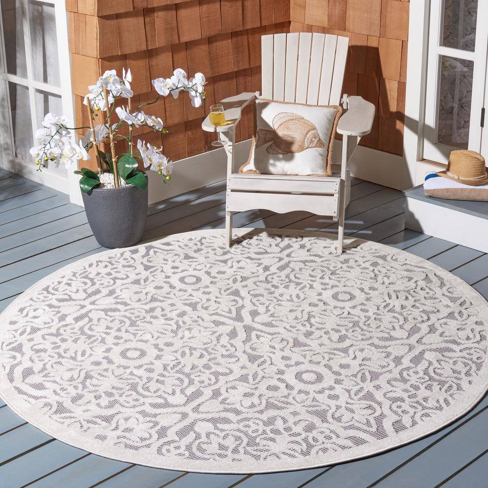 Ivory and Grey Floral Round Synthetic Indoor/Outdoor Rug