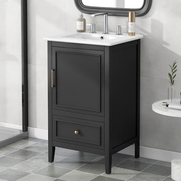 20 in. Freestanding Black Bath Vanity with White Ceramic Top and 2-Doors Unassembled