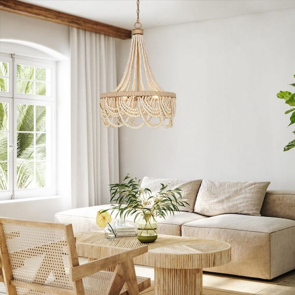 Modern Farmhouse Empire Beaded Chandelier, 3-Light Antique Gold Transitional Boho Chandelier with Handmade Wood Beads