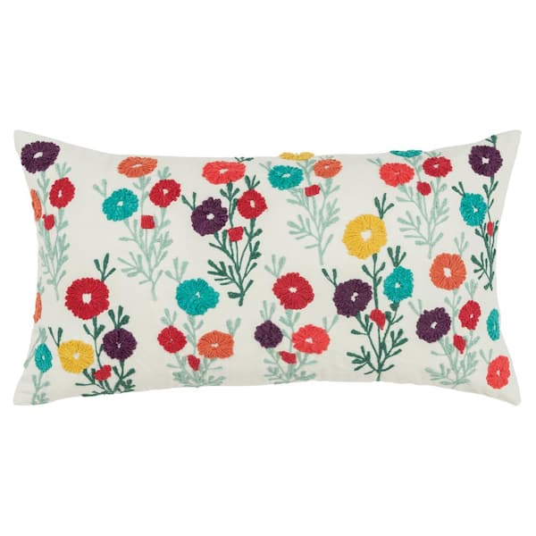 Unbranded Multicolor Embroidered Floral Cotton Poly Filled 14 in. X 26 in. Decorative Throw Pillow