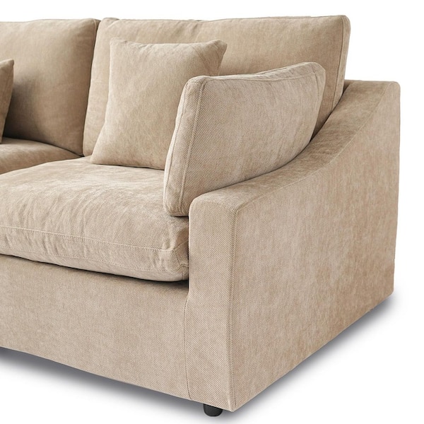 Down Filled 119 in. Flared Arm Linen Cloud Couch L-shaped Modular Sofa with Ottoman, Washable Covers in Khaki