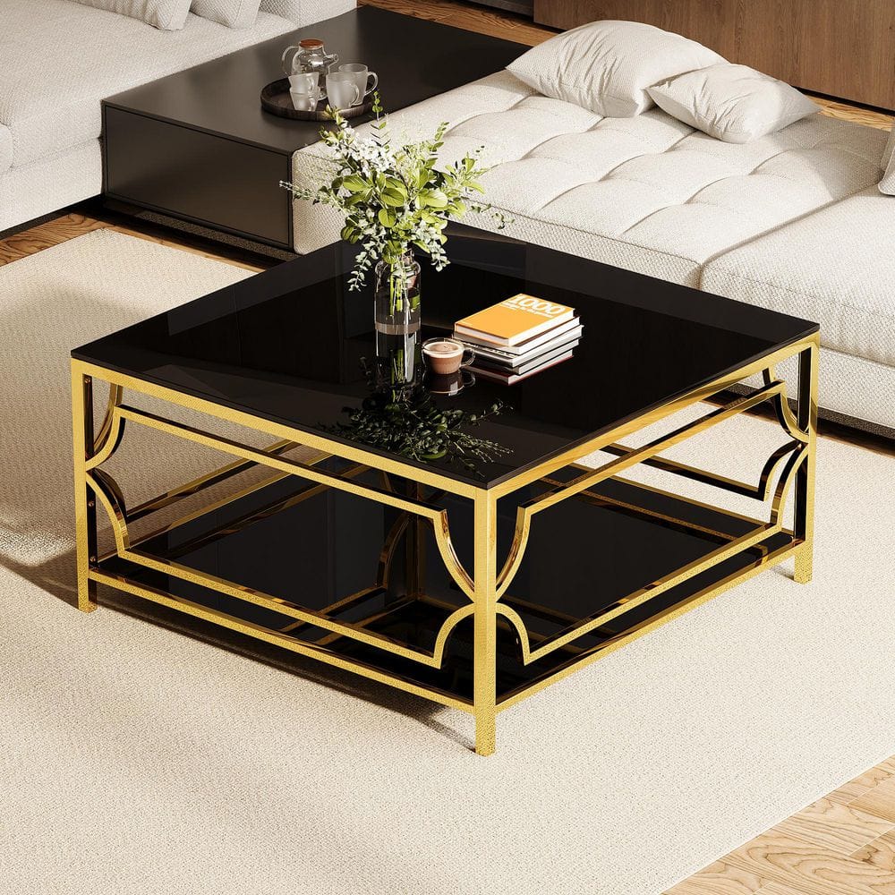 JUJABU 33.5 in. Black Square Glass Coffee Table with Gold Finish