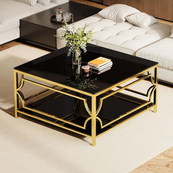 Qualler 33.5 in. Black Square Glass Coffee Table with Gold Finish
