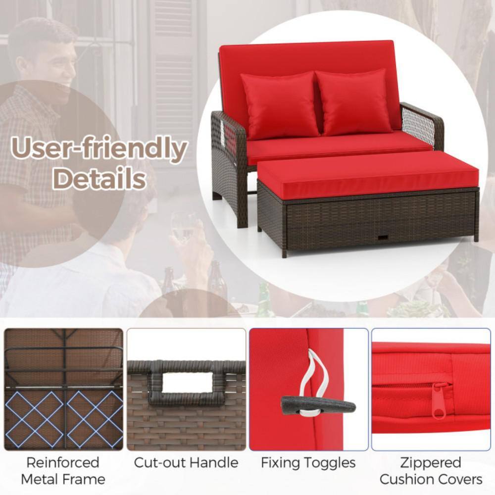 Red Adjustable Rattan Loveseat with Multifunctional Ottoman
