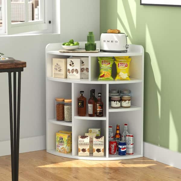 White Corner Cabinet with Charging Station, 3-Tier Cube Storage, USB Ports and Outlets, Triangle Bookcase with 8 Cubbies