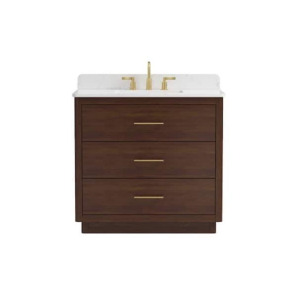 Grisel 37 in. Single Sink Freestanding Brown Bath Vanity with White Engineered Stone Top and Backsplash Assembled