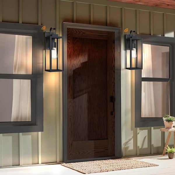 Foothill 18 in. 1-Light Matte Black Outdoor Wall Lantern Sconce with Clear Glass Dusk to Dawn (2-Pack)
