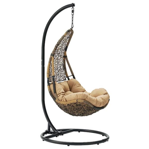 Abate Black Outdoor Patio Wicker Rattan Hanging Swing Chair with Stand with Mocha Cushion