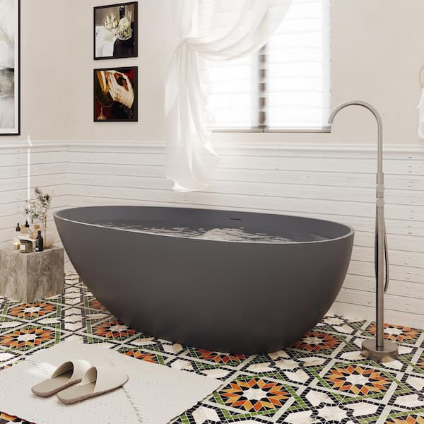 Dimakai 59 in. x 31 in. Solid Surface Freestanding Soaking Bathtub in Matte Grey with Drain and Abrasive Pads