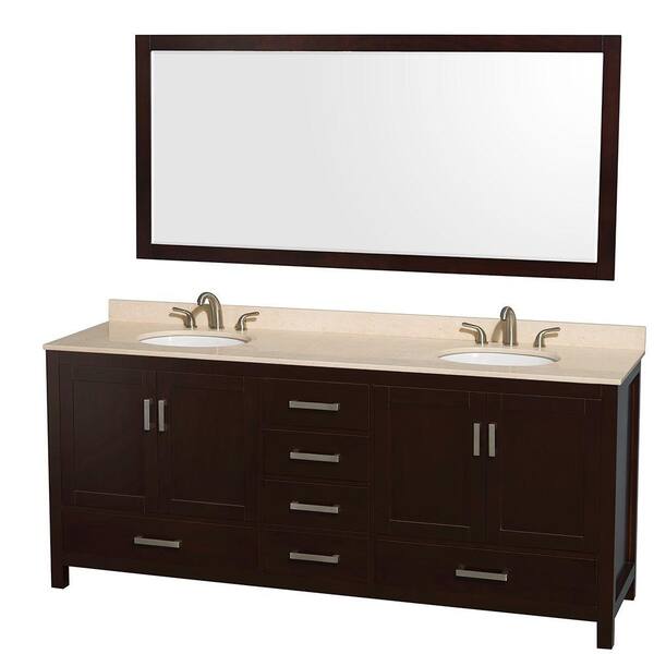 Wyndham Collection Sheffield 80 in. Double Vanity in Espresso with Marble Vanity Top in Ivory and 70 in. Mirror