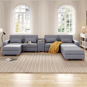 123 in. Wide Square Arm Linen U Shaped 7-Seats Sofa in Light Grey with Storage Compartments and Console