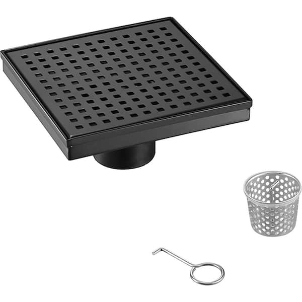 Elegante Drain Collection 4 in. Square Stainless Steel Shower Drain with Square Hole Pattern, Matte Black