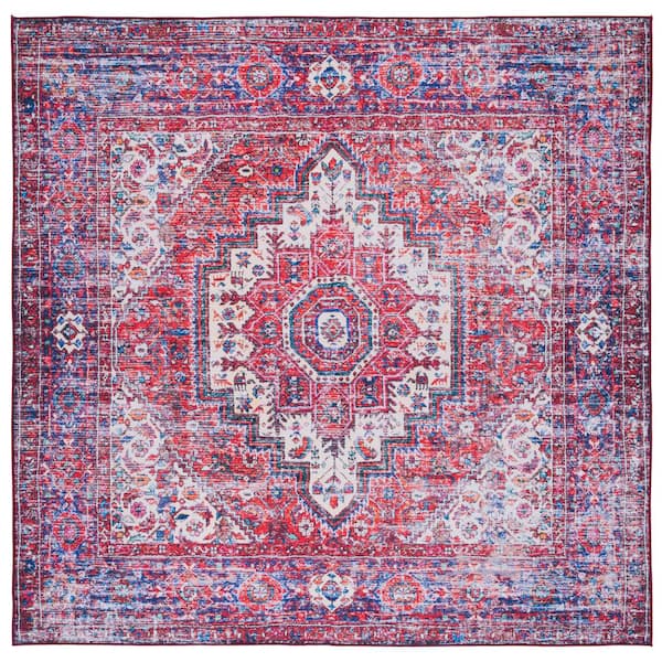 SAFAVIEH Tucson Red/Blue 6 ft. x 6 ft. Machine Washable Ikat Border Medallion Square Area Rug