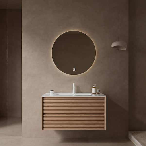 FUNKOL 35.83 in. x 18.31 in. x 20.4 in. White Walnut Plywood Wall Mounted Bathroom Vanity with Ceramic Sink and 2 Drawers