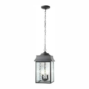 Scroll 2-Light Black Outdoor Hanging Pendant Light with Water Glass