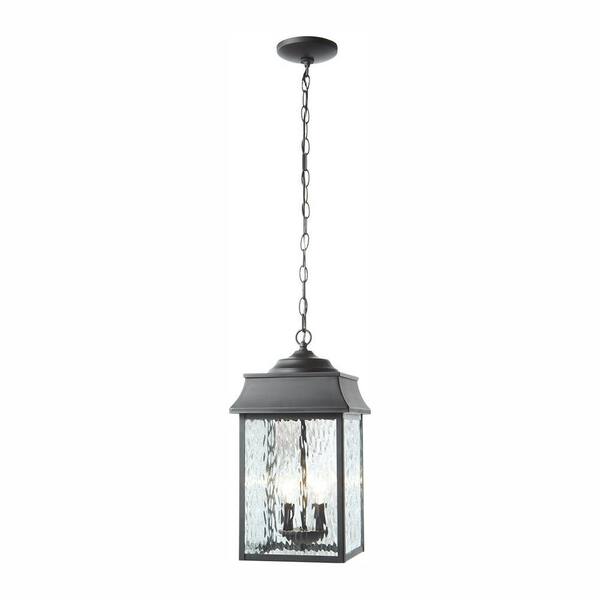 Home Decorators Collection Scroll 2-Light Black Outdoor Hanging Pendant Light with Water Glass