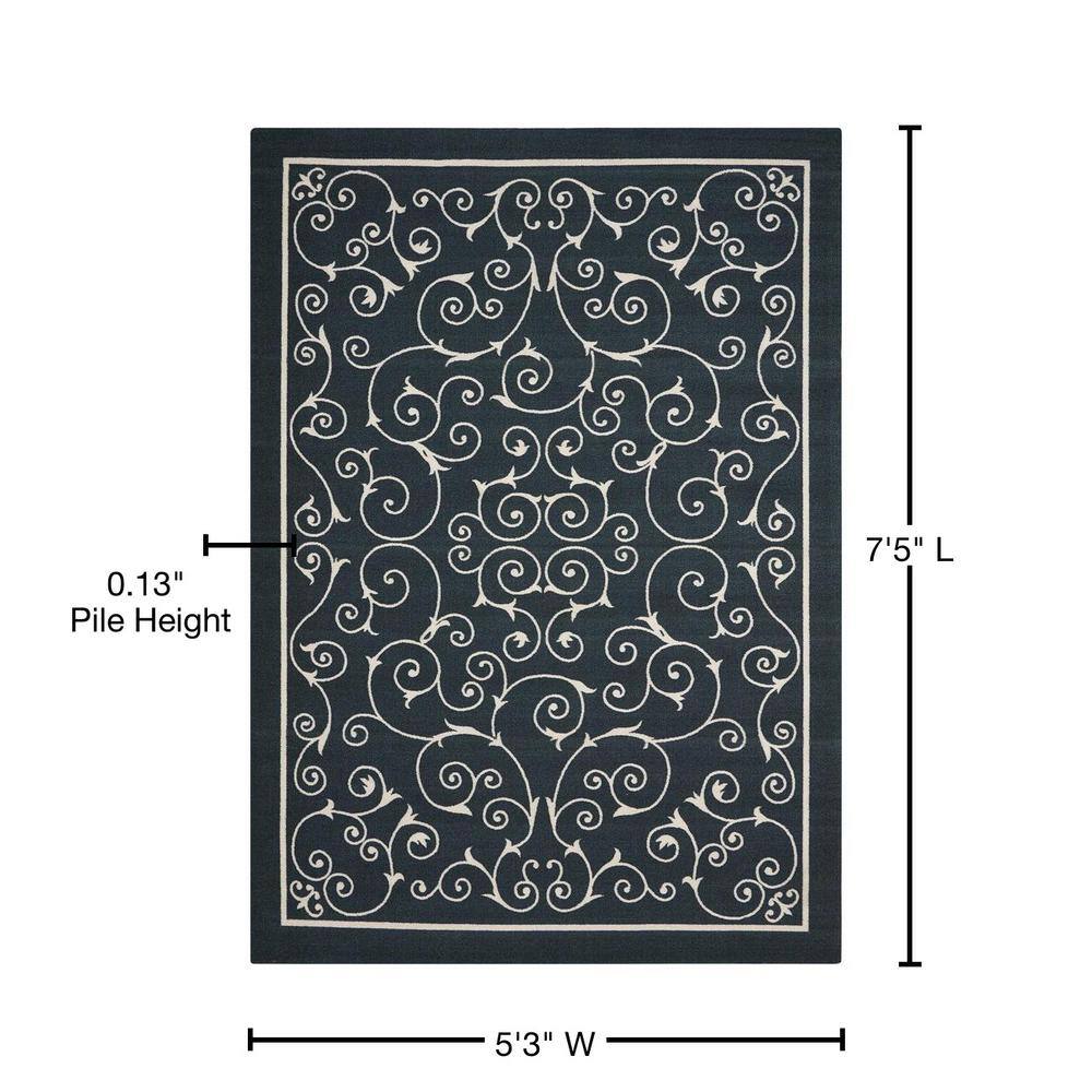 Classic Black Floral 5' x 7' Synthetic Indoor/Outdoor Area Rug