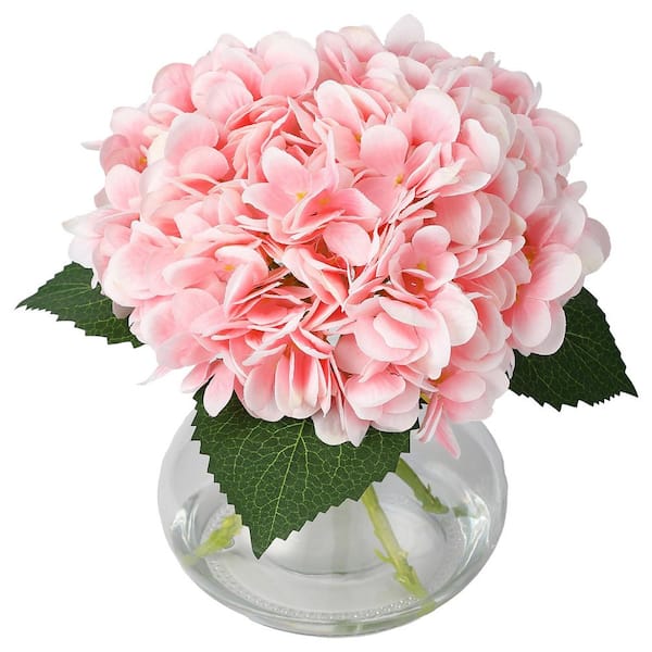 Artificial Hydrangea Flowers with Glass Vase and Fake Water for Home Table, Wedding Party, Office Decor