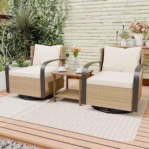 3-Piece Patio Wicker Conversation Set with Beige Cushions and Side Table