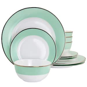Martha Stewart Gold Rimmed 12 Piece Fine Ceramic Dinnerware Set in Mint Green Service for 4