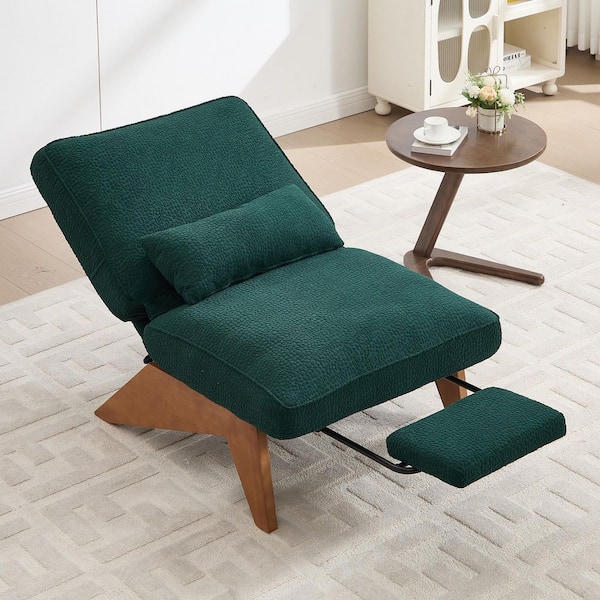 Modern Emerald Wool Boucle Upholstered Lounge Accent Wingback Chair with Adjustable Backrest and Retractable Footrest