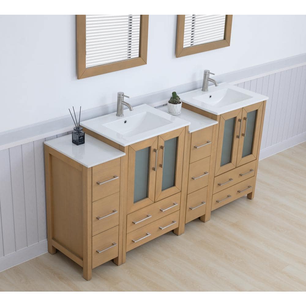Natural Oak Double Sink Freestanding Bathroom Vanity Set with Ceramic Top and Mirror