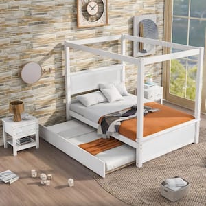 80 in. W White Full Size Wood Canopy Bed with Trundle Bed and Two Nightstands，Bedroom Set