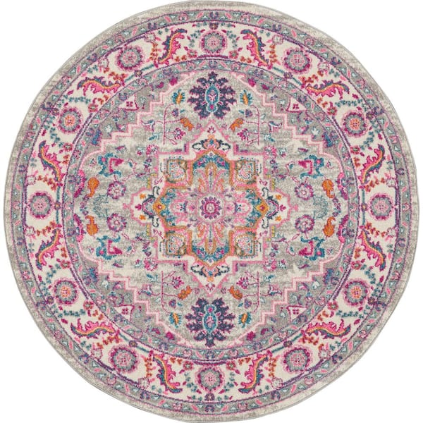 Nourison Passion Light Grey/Pink 5 ft. x 5 ft. Persian Medallion Transitional Round Area Rug