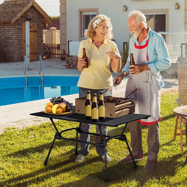 Heavy-Duty Black Aluminum Camping Table, Folding Outdoor Picnic Table with Carrying Bag