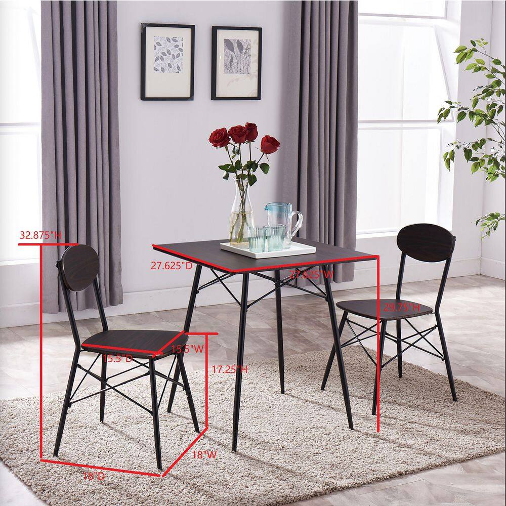 Compact Black Metal and Walnut Wood Dining Set with 2 Chairs