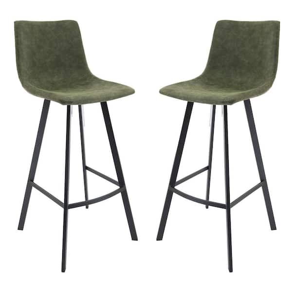 Elland Modern 29.9" Upholstered Leather Bar Stool With Black Iron Legs & Footrest Set of 2 in Olive Green