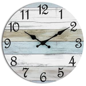 10 in. Round Rustic Coastal Battery Powered Silent Wall Clock for Kitchen and Living Room, White, Brown and Blue