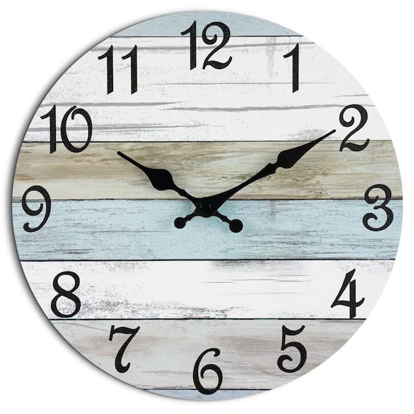 Angel Sar 10 in. Round Rustic Coastal Battery Powered Silent Wall Clock for Kitchen and Living Room, White, Brown and Blue