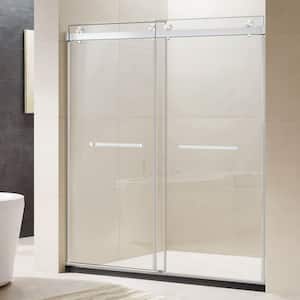 48 in. W x 76 in. H Freestanding Double Sliding Frameless Shower Enclosure in Brushed Nickel Finish with Clear Glass
