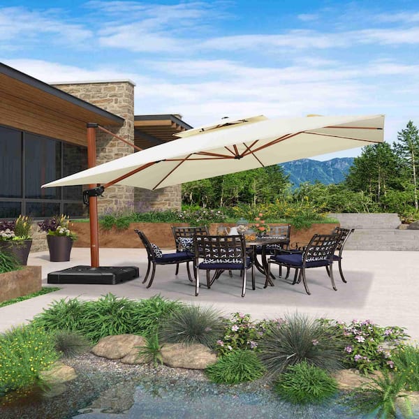 PURPLE LEAF 12 ft. Square High-Quality Wood Pattern Aluminum Cantilever Patio Umbrella with Stand, Cream