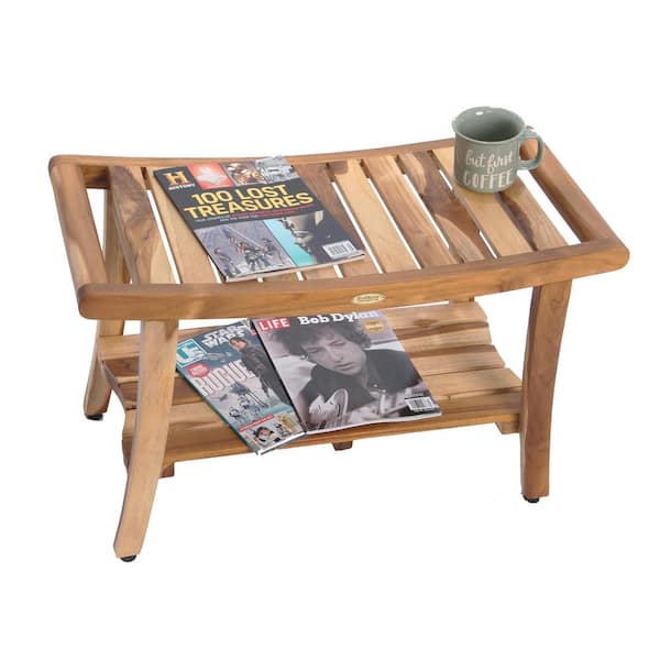 EarthyTeak Harmony 30 in. Teak Shower Bench with Shelf And LiftAide Arms