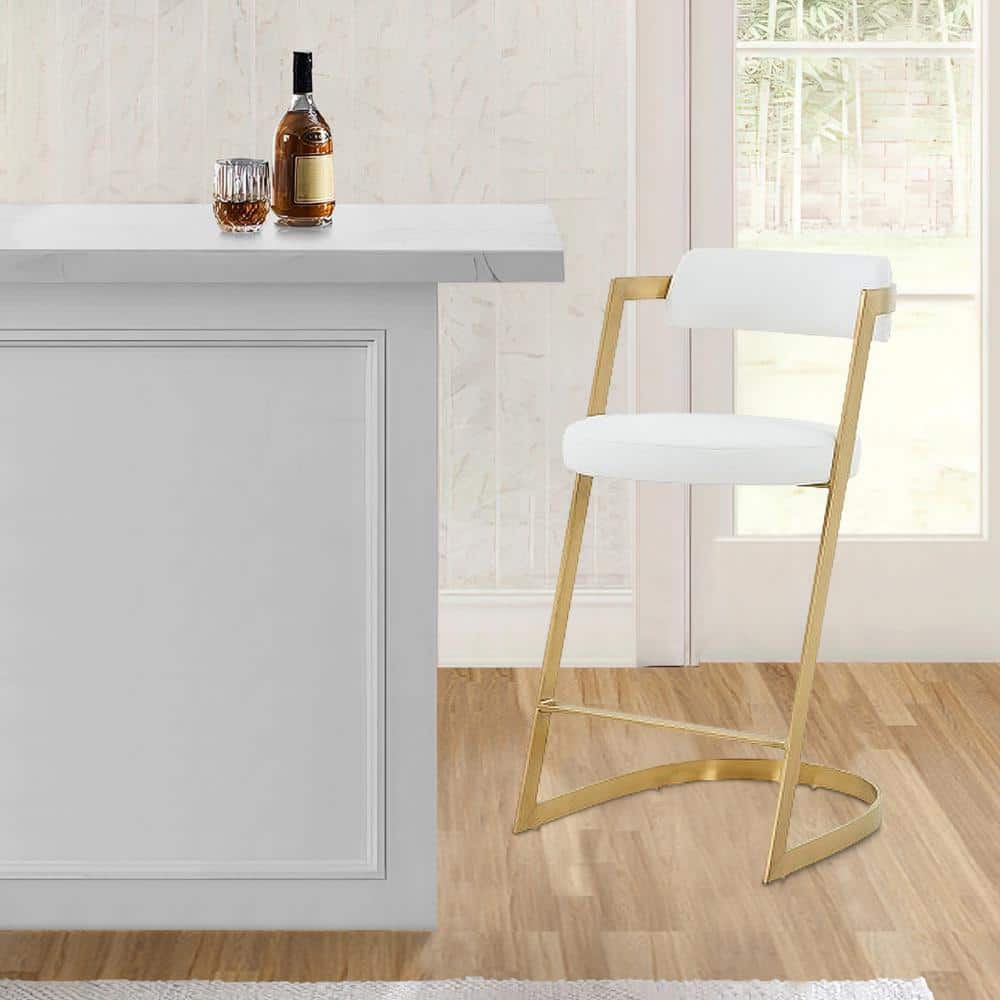 White Vegan Leather Counter Stool with Gold Cantilever Base