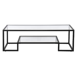 54 in. Black Rectangle Glass Coffee Table with Shelves;Storage