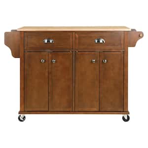 Brown Solid Wood Drop Leaf Countertop 51.88 in. W Rolling Kitchen Island Cart on Wheels, Adjustable Shelf