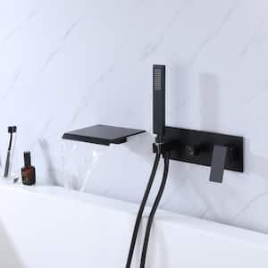 Double Handle Wall Mount Waterfall Roman Tub Faucet with Hand Shower in Matte Black