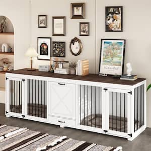Large Dog Crate With 4 Dog Bowls and A Large Drawer, Wooden Dog Crate Kennel Furniture for 2 Dogs, White