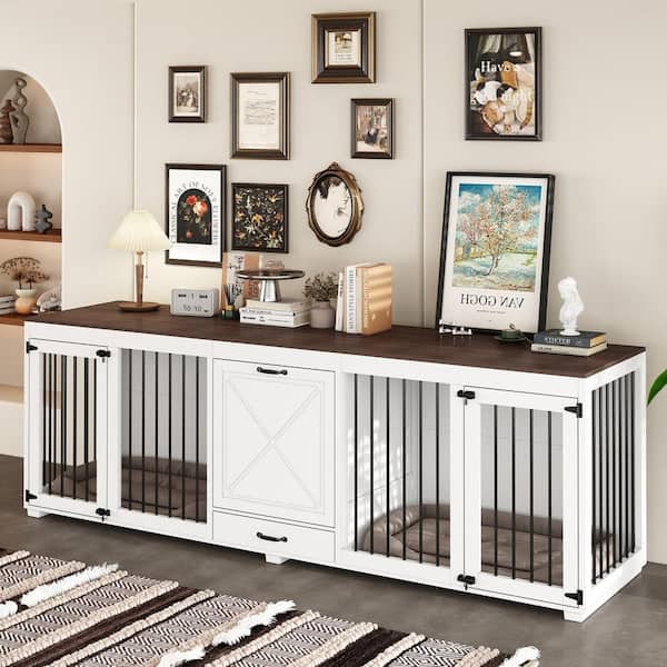 FUFU&GAGA Large Dog Crate With 4 Dog Bowls and A Large Drawer, Wooden Dog Crate Kennel Furniture for 2 Dogs, White