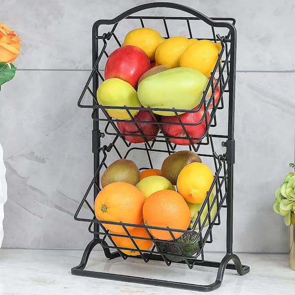 2-Tier Fruit Basket for Kitchen Counter, Wire Hanging Basket Stand for Bread, Fruit and Vegetable Storage, Matte Black