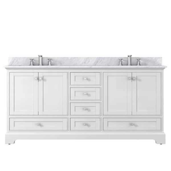 ANGELES HOME 72 in. W x 22 in. D x 34 in. H Solid Wood Bath Vanity in White with Carrara White Marble Top,Ceramic Sink and Backsplash
