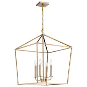 Emma 240-Watt 4-Light Burnished Brass Shaded Pendant Light with Burnished Brass Metal Shade, No Bulbs Included