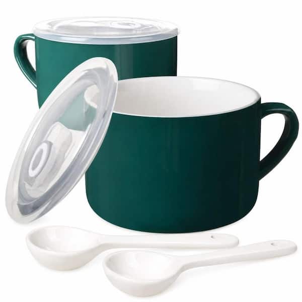 Lid & Spoon Equipped, 30 fl. oz. Green, Ceramic, Soup Bowl, (Set of 2), Ideal for Summer Noodles and Daily Food Storage