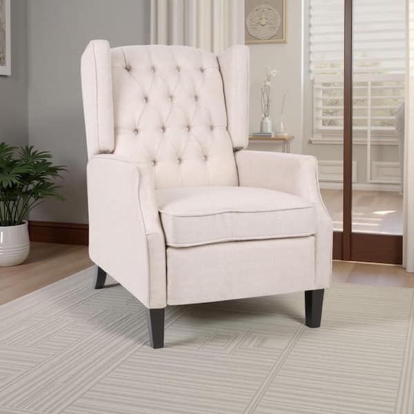 Benjara Pushback Beige and Black Fabric Glider Recliner Chair with Tufted Cushioned