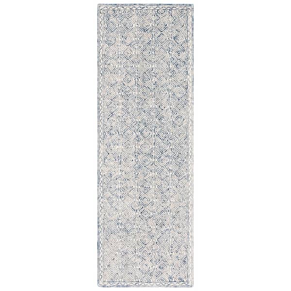 Micro-Loop 2 ft. x 9 ft. Navy/Ivory Border Diamond Runner Rug