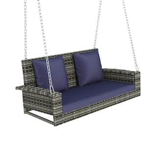 2-Person Gray Wicker Porch Swing Patio Hanging Seat Swing Bench with Chains and Blue Cushions